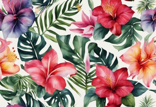island watercolor print pattern flowers tropical leaf floral seamless wrapping spring wallpaper