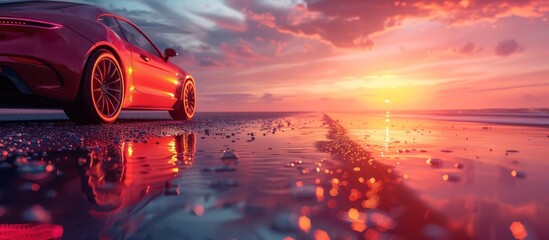 Obraz premium Red Sports Car at Sunset on a Wet Road