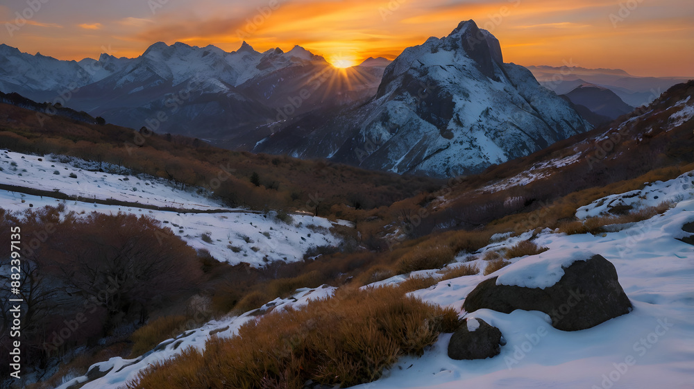 Wall mural snow covered mountains in winter, ai generated