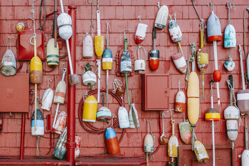 Buoys decoration on red shack