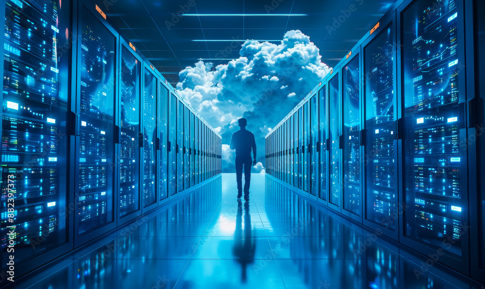 Poster silhouette of man walking in data center with cloud computing concept and server racks at night, ref