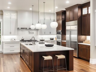 Blurred kitchen background with empty wooden table top for product display and modern home interior design of dining room, frontal view