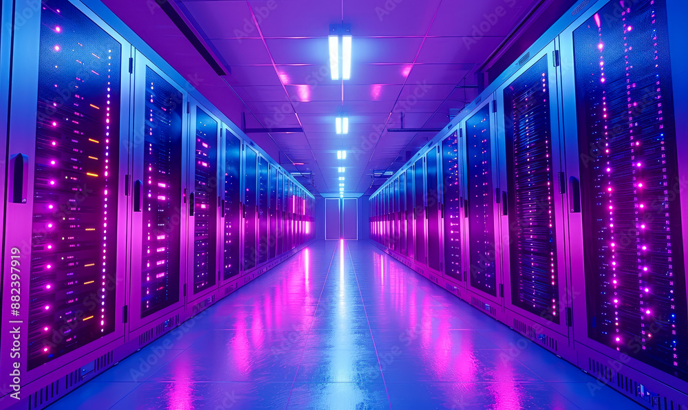 Poster brightly lit corridor in a modern data center filled with rack servers and supercomputers showcasing