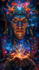 Fototapeta premium Shamanic Ritual with Ayahuasca at Night, Mystic Spiritual Journey, Transformative Psychedelic Experience, Ancient Traditions and Self Discovery, Ethereal Night Setting, Vibrant Colors and Symbols