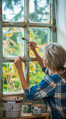 Mature Woman Restoring Vintage Window at Home with Painting Kit on Sunny Day, DIY Home Renovation, Artistic Home Improvement, Afternoon Crafting, Peaceful Domestic Setting