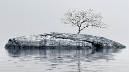 A single tree on a rocky outcrop surrounded by calm water, the image captures a minimalist and tranquil scene, embodying simplicity and nature's quiet beauty.