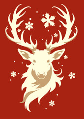 Deer head silhouette with large antlers and snowflakes on red background. Vector illustration in paper cut style. Christmas and winter concept. Design for greeting cards, posters, and holiday decor.