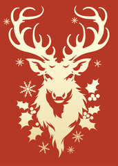 Deer head silhouette with large antlers and snowflakes on red background. Vector illustration in paper cut style. Christmas and winter concept. Design for greeting cards, posters, and holiday decor.