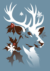Stylized deer head with white antlers and snowflakes on blue background. Vector illustration in flat design style. Winter and holiday concept. Image for cards, posters, DIY.