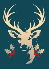 Stylized deer head with antlers and red berries on blue background. Vector illustration in flat design style. Winter and holiday concept. Image for cards, posters, DIY.