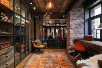 A stylish loft interior with exposed brick walls, wooden floors, and a large glass-door wardrobe