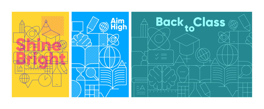Colorful, educational back-to-school concept designs with vibrant geometrical elements.