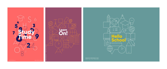Engaging back-to-school posters with vibrant colors and educational symbols to inspire learning.