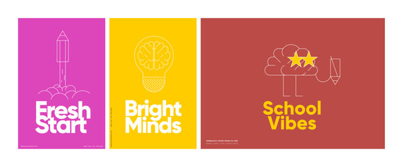 Minimalist educational posters with bold typography and simple icons, themed around new beginnings.