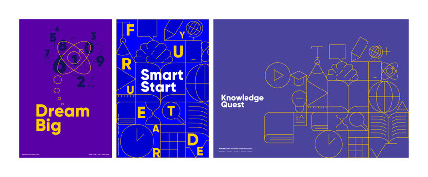 Dynamic back-to-school posters with striking colors and geometric designs, themed around aspirations.