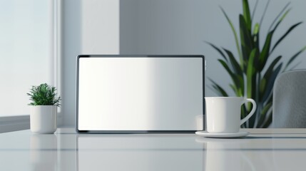 Empty touchscreen, modern desk setup, high-resolution photo, realistic photo, cinematography, hyper realistic