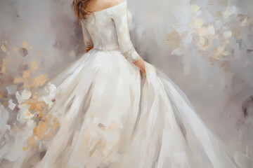 Fototapeta premium Bride in a wedding dress. Oil painting in impressionism style. Horizontal composition.