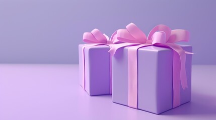 Two violet gift boxes, adorned with bows and ribbons, stand alone against a purple backdrop, rendered in 3D graphics.