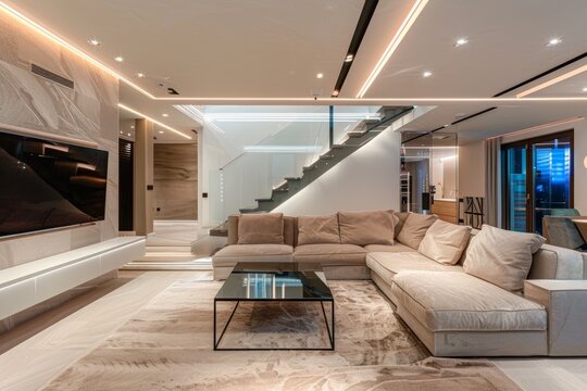 Fototapeta Modern basement living room with a large sectional sofa, glass staircase, and flat screen TV
