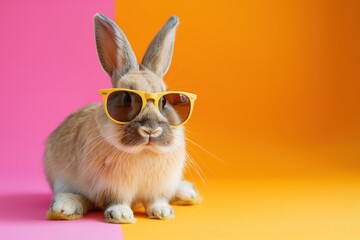 Fototapeta premium Rabbit wears yellow sunglasses on colorful pink orange background. Cute bunny sits comfortably with curious expression. Playful scene of rabbit in trendy shades on vibrant studio set.