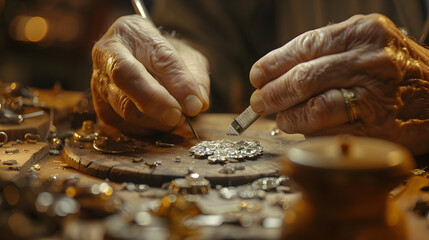 Close-up of a jeweler’s hands crafting a piece of jewelry, with precision tools and gemstones, illustrating skill and artistry.


