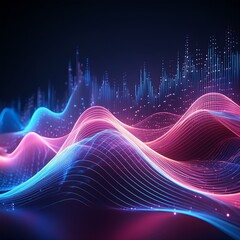 abstract illustration of pink blue frequency signal waves as particles passing in medium against dark background