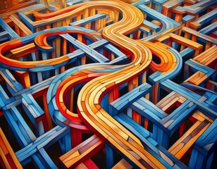 Generative AI abstract illustration of high angle of wooden maze with colorful narrow paths in blue and red with yellow colors 