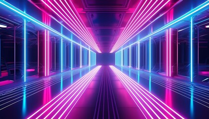 Generative AI illustration of abstract background of futuristic corridor with purple and blue neon lights 