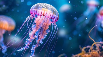 The jellyfish in the aquarium glow with vibrant lights.