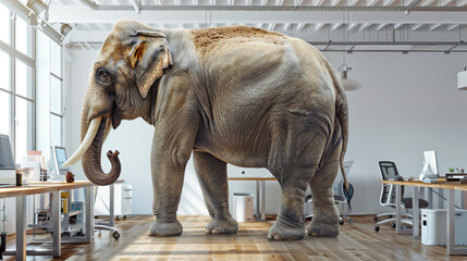 Elephant in the Room Concept with Huge Elephant in Small Office Setting, Metaphorical Elephant Symbol, Office Interior Design, Unexpected Workplace Guests, Humorous Office Scene, Large Elephant