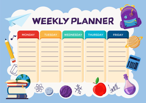 School Timetable poster template with sticker notes for subjects. Weekly planner or daily timetable of the week. Schedule organizer with popular school stuff and symbols. Vector Illustration.