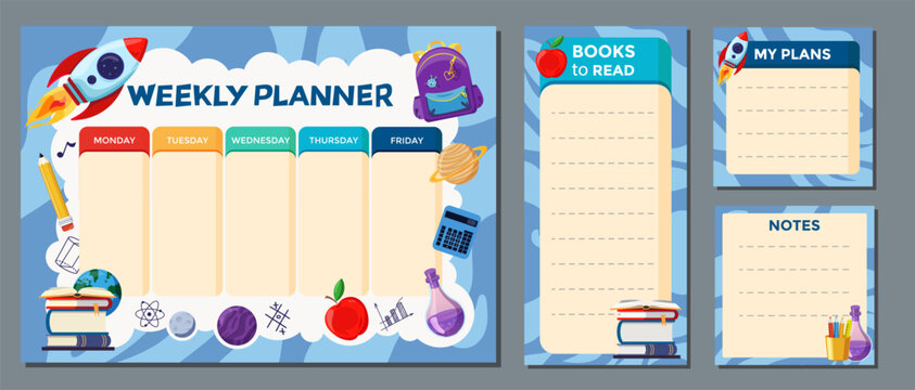 Set of the printable weekly planner with school schedule, note paper stickers, book tracker and to do list. Childish school weekly planner template. Vector flat illustration.