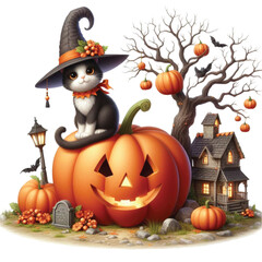 Halloween cat witch tree Watercolor Clipart
