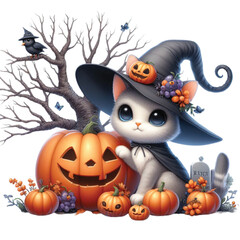 Halloween cat witch tree Watercolor Clipart