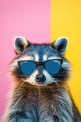 Raccoon wears black sunglasses on colorful studio background. Curious animal looks directly at camera with playful expression. Fashionable wildlife portrait in bright pink and yellow setting.