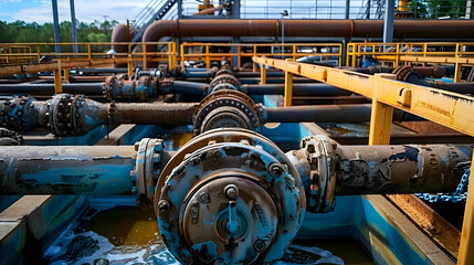 Close-up of sludge dewatering equipment in operation at a wastewater treatment facility. Concept Wastewater Treatment, Sludge Dewatering, Equipment Operation, Industrial Process