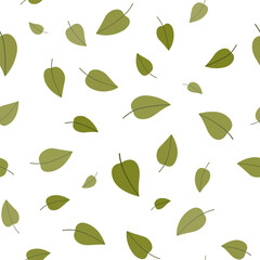 Summer botanical decor. Monochrome green seamless pattern. Randomly birch green leaves on transparent background. Soft nature colors. Background decorative elements for design projects