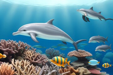 Fototapeta premium A Realistic 3D Journey into the Vibrant World of Dolphins and Marine Life, Featuring the Majestic Beauty of the Great Barrier Reef, Dolphins Gliding Gracefully Through Crystal Clear Waters, Coral Gard
