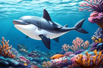 Fototapeta premium A Realistic 3D Journey into the Vibrant World of Dolphins and Marine Life, Featuring the Majestic Beauty of the Great Barrier Reef, Dolphins Gliding Gracefully Through Crystal Clear Waters, Coral Gard