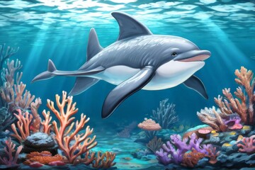 Naklejka premium A Realistic 3D Journey into the Vibrant World of Dolphins and Marine Life, Featuring the Majestic Beauty of the Great Barrier Reef, Dolphins Gliding Gracefully Through Crystal Clear Waters, Coral Gard