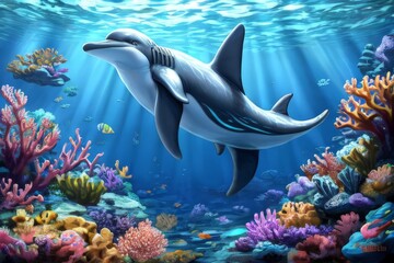 Fototapeta premium A Realistic 3D Journey into the Vibrant World of Dolphins and Marine Life, Featuring the Majestic Beauty of the Great Barrier Reef, Dolphins Gliding Gracefully Through Crystal Clear Waters, Coral Gard