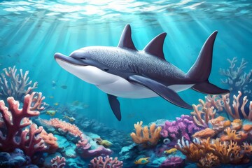 Fototapeta premium A Realistic 3D Journey into the Vibrant World of Dolphins and Marine Life, Featuring the Majestic Beauty of the Great Barrier Reef, Dolphins Gliding Gracefully Through Crystal Clear Waters, Coral Gard