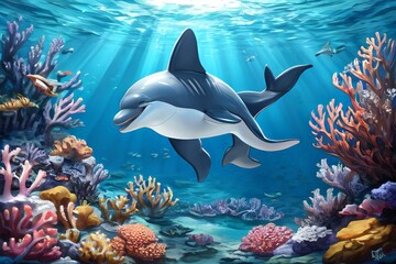 A Realistic 3D Journey into the Vibrant World of Dolphins and Marine Life, Featuring the Majestic Beauty of the Great Barrier Reef, Dolphins Gliding Gracefully Through Crystal Clear Waters, Coral Gard
