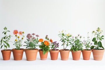 Fototapeta premium Row of Colorful Flowers in Terracotta Pots