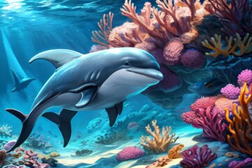 Obraz premium A Realistic 3D Journey into the Vibrant World of Dolphins and Marine Life, Featuring the Majestic Beauty of the Great Barrier Reef, Dolphins Gliding Gracefully Through Crystal Clear Waters, Coral Gard