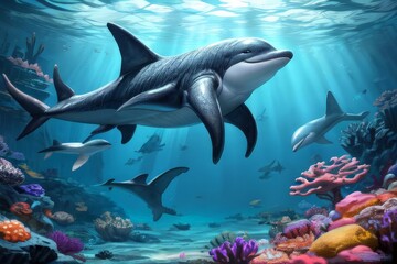 Fototapeta premium A Realistic 3D Journey into the Vibrant World of Dolphins and Marine Life, Featuring the Majestic Beauty of the Great Barrier Reef, Dolphins Gliding Gracefully Through Crystal Clear Waters, Coral Gard