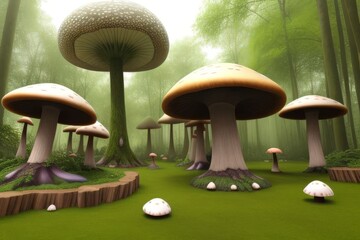 A Surreal Fantasy Wonderland with Majestic Moonlit Mushroom Landscapes, Magical Forests, and Whimsical Mushroom Houses, Featuring a Vector Illustration of a Mystical Realm Where Fantasy Meets Reality,