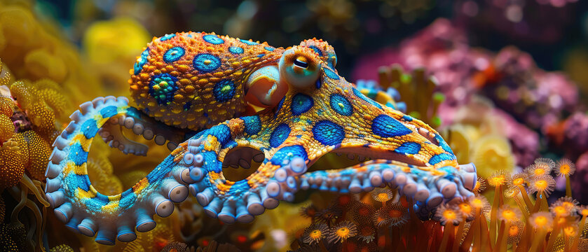 Close-Up Macro Shot of a Blue-ringed octopus for Marine Photography, Ocean Conservation, Aquatic Life Documentation, Underwater Exploration, Desktop Wallpapers.
