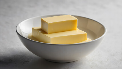 A single butter pod, isolated in a white ceramic bowl. Generative AI
