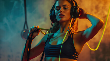 attractive woman listening to music in the gym